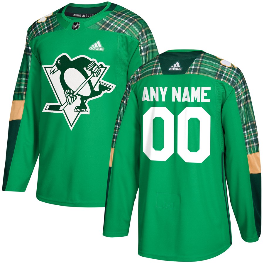 Men Adidas Pittsburgh Penguins Personalized Green St. Patrick Day Custom Practice NHL Jersey